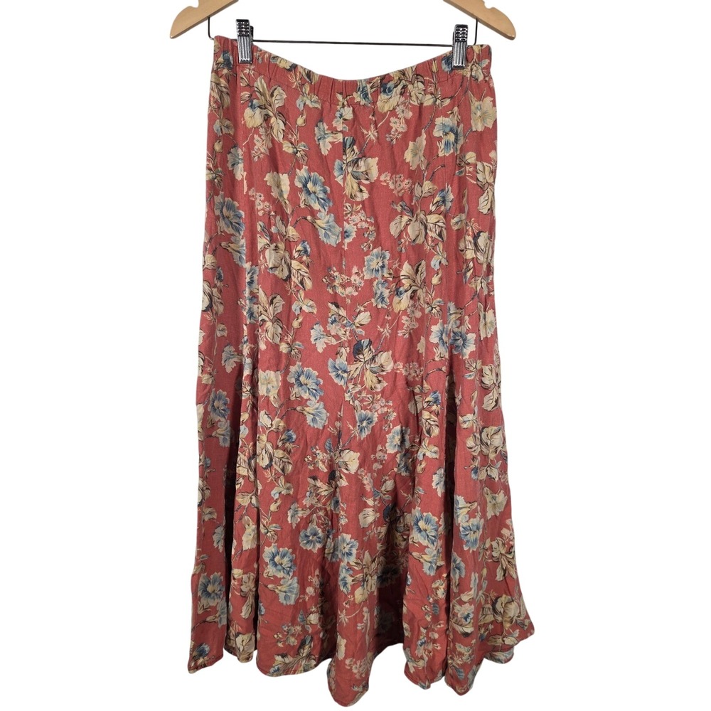 Saddle Ridge Vintage Floral Linen Blend Midi Skirt Coral Blue Cottagecore Size M